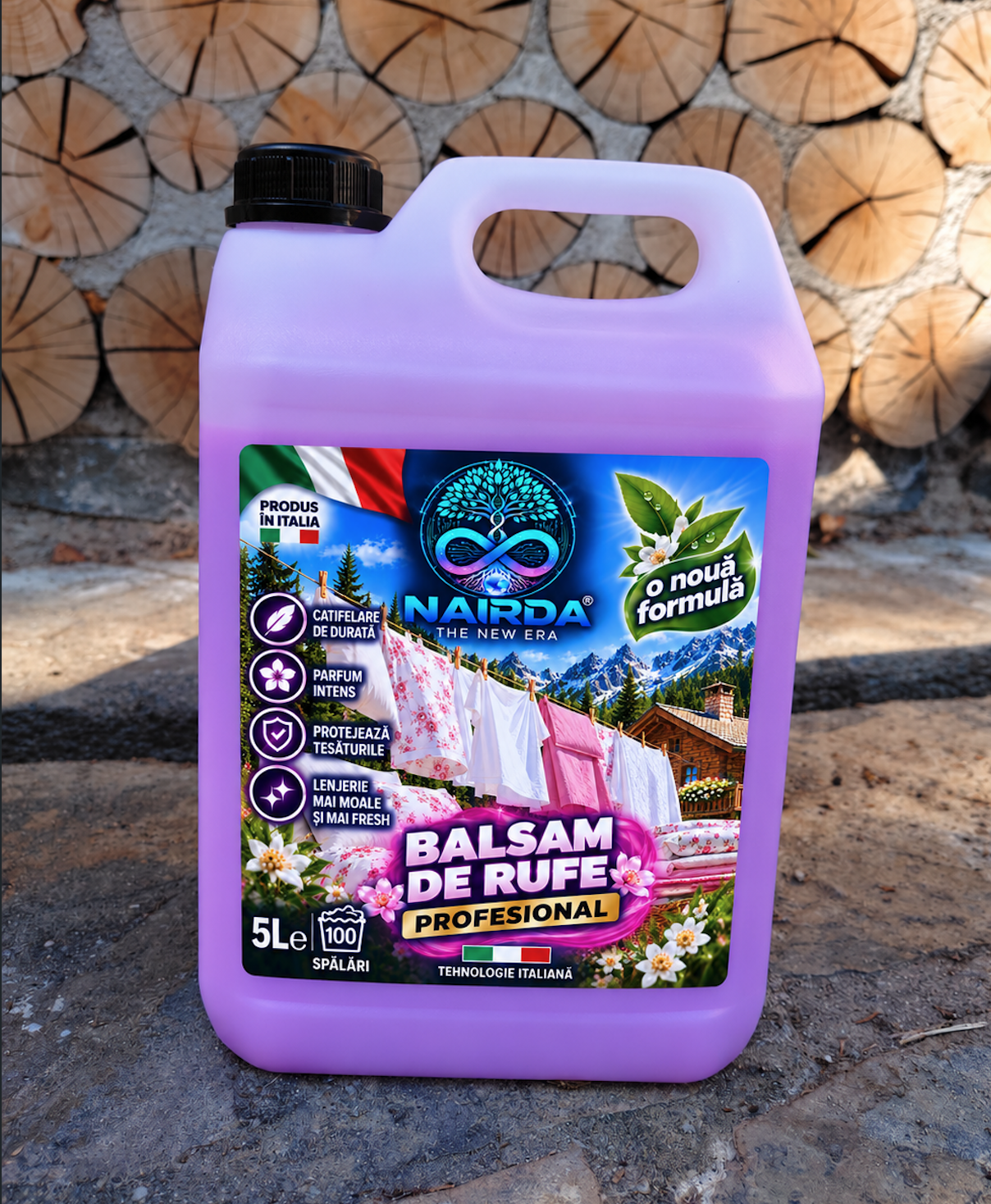 Bidon mov NAIRDA Balsam de rufe Japanese Garden, 5 litri, cu fundal rustic
